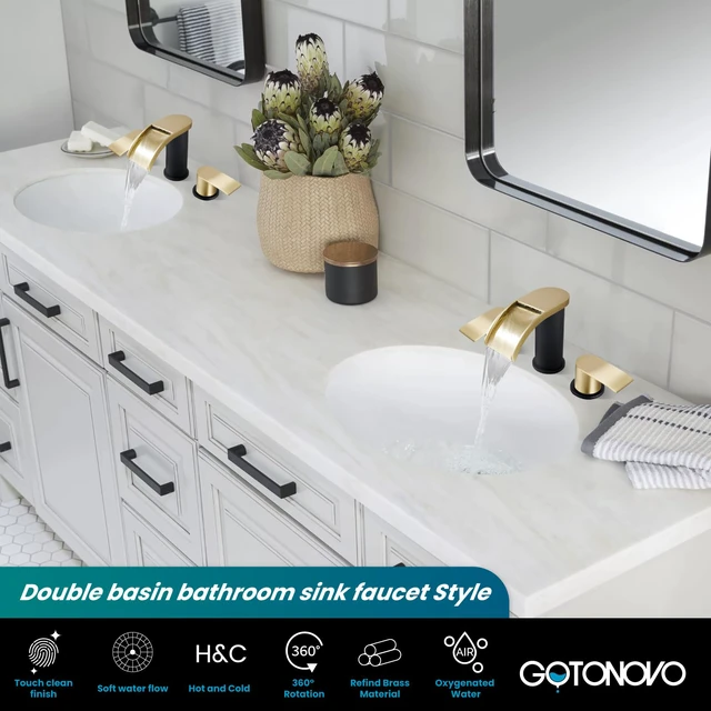 Alt view image 2 of 7 - Waterfall Bathroom Faucet 3 Hole Round Body,Brushed Gold&Black SUS304 8 Widespread Bathroom Sink Faucet,2.17 Wide Spout,24 cUPC Hose,Pop Up Drain,2 Handle,Vanity,Lavatory,Basin,RV