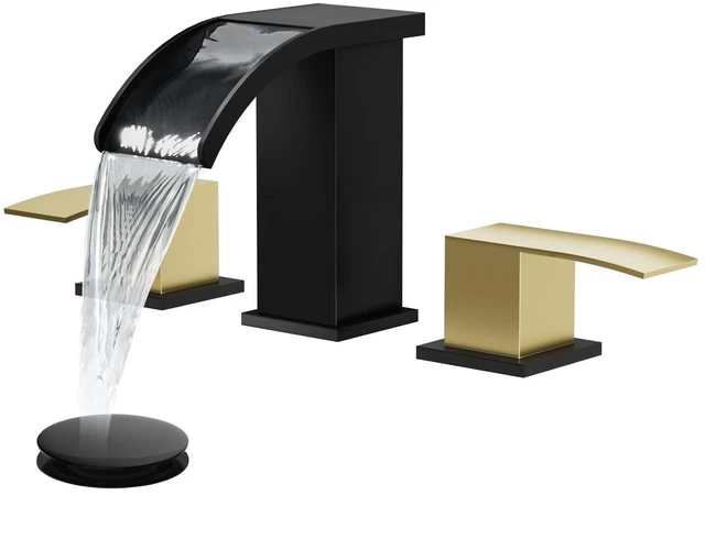 Main image of Waterfall Bathroom Faucet 3 Hole Square Body,Matte Black&Gold SUS304 8 Widespread Bathroom Sink Faucet,2.17 Wide Spout,24 cUPC Hose,Pop Up Drain,2 Handle,Vanity,Lavatory,Basin,RV