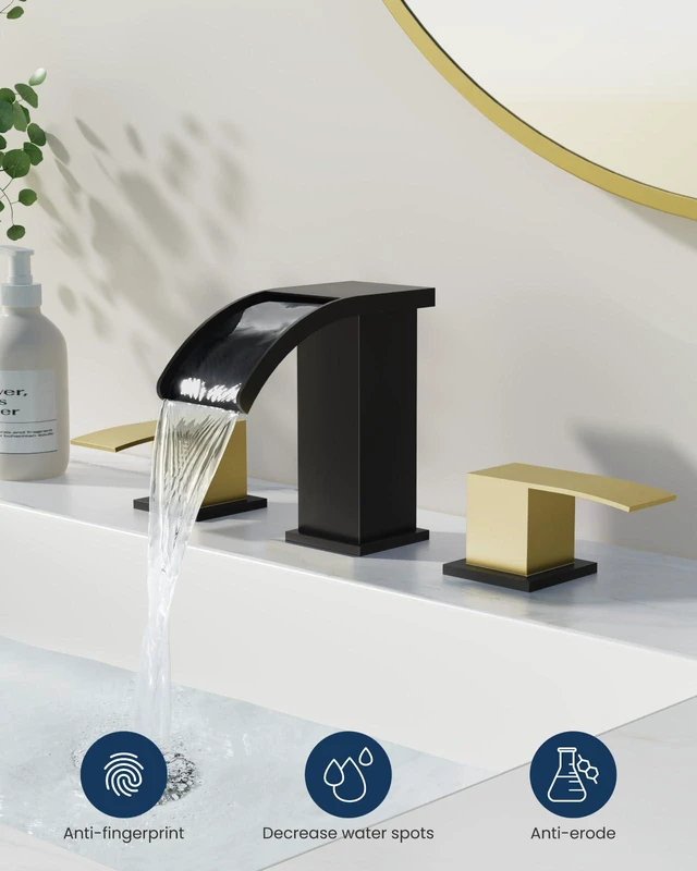 Alt view image 2 of 7 - Waterfall Bathroom Faucet 3 Hole Square Body,Matte Black&Gold SUS304 8 Widespread Bathroom Sink Faucet,2.17 Wide Spout,24 cUPC Hose,Pop Up Drain,2 Handle,Vanity,Lavatory,Basin,RV
