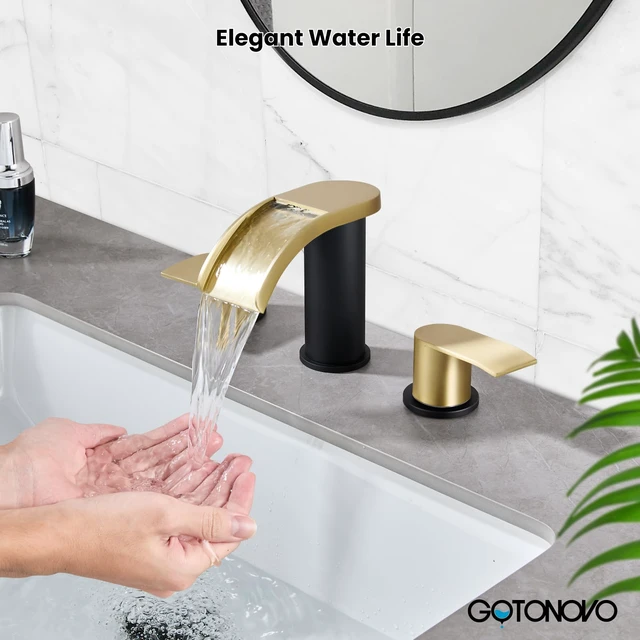 Alt view image 3 of 7 - Waterfall Bathroom Faucet 3 Hole Round Body,Brushed Gold&Black SUS304 8 Widespread Bathroom Sink Faucet,2.17 Wide Spout,24 cUPC Hose,Pop Up Drain,2 Handle,Vanity,Lavatory,Basin,RV