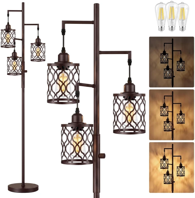 Main image of 73" Dimmable Farmhouse floor lamps for living room, Industrial Tree Floor Lamp with 3 X 6W LED Bulbs, Stepless Dimming, Metal Cage Shades, 3 Light Rustic Standing Tall Lamp for Bedroom, Office, Brown