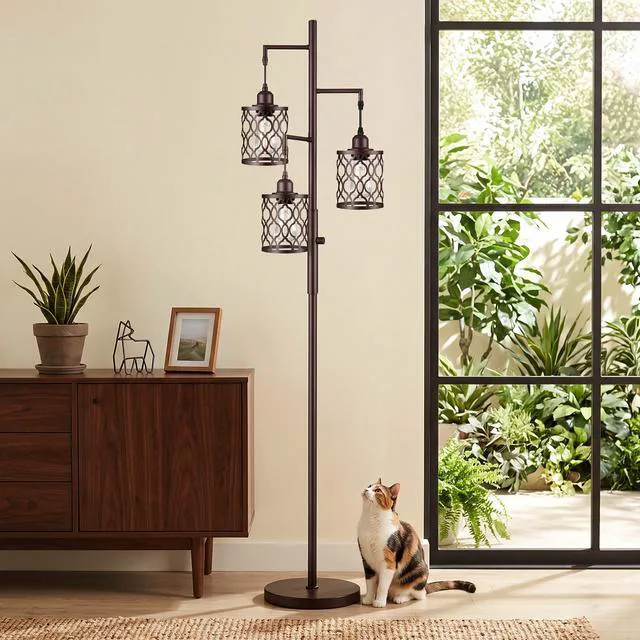 Alt view image 2 of 7 - 73" Dimmable Farmhouse floor lamps for living room, Industrial Tree Floor Lamp with 3 X 6W LED Bulbs, Stepless Dimming, Metal Cage Shades, 3 Light Rustic Standing Tall Lamp for Bedroom, Office, Brown