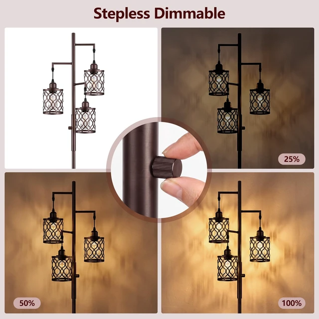 Alt view image 4 of 7 - 73" Dimmable Farmhouse floor lamps for living room, Industrial Tree Floor Lamp with 3 X 6W LED Bulbs, Stepless Dimming, Metal Cage Shades, 3 Light Rustic Standing Tall Lamp for Bedroom, Office, Brown