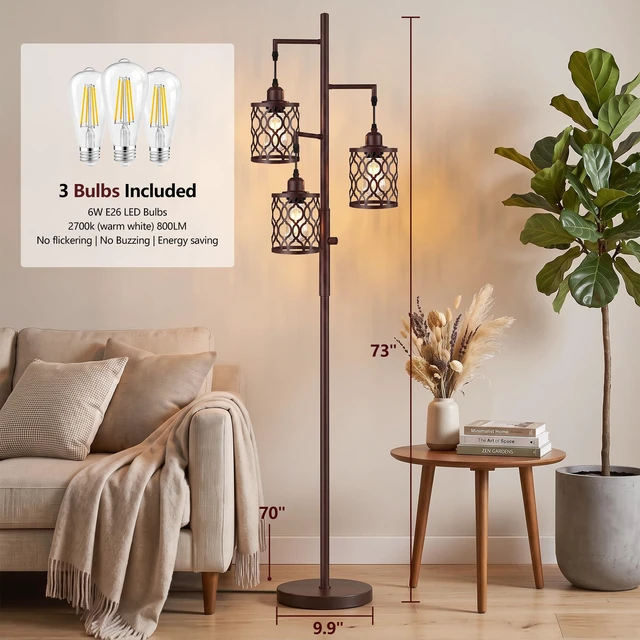 Alt view image 5 of 7 - 73" Dimmable Farmhouse floor lamps for living room, Industrial Tree Floor Lamp with 3 X 6W LED Bulbs, Stepless Dimming, Metal Cage Shades, 3 Light Rustic Standing Tall Lamp for Bedroom, Office, Brown