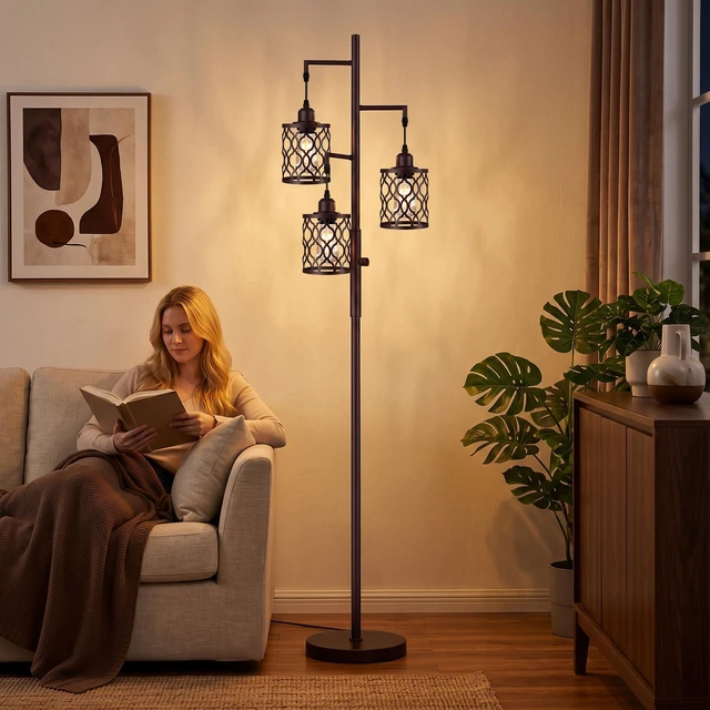 Alt view image 6 of 7 - 73" Dimmable Farmhouse floor lamps for living room, Industrial Tree Floor Lamp with 3 X 6W LED Bulbs, Stepless Dimming, Metal Cage Shades, 3 Light Rustic Standing Tall Lamp for Bedroom, Office, Brown