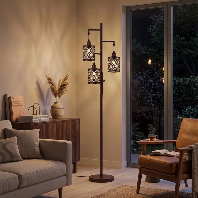 Alt view image 7 of 7 - 73" Dimmable Farmhouse floor lamps for living room, Industrial Tree Floor Lamp with 3 X 6W LED Bulbs, Stepless Dimming, Metal Cage Shades, 3 Light Rustic Standing Tall Lamp for Bedroom, Office, Brown
