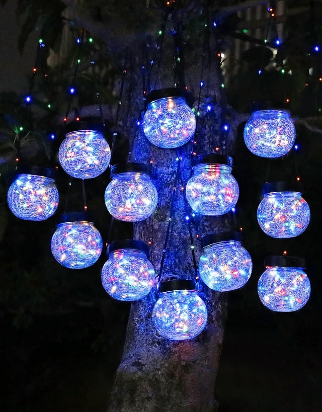 Main image of Solar Lights Outdoor Waterproof 12-Pack, Solar Powered Hanging Lantern Cracked Glass Hanging Globes for Yard Decor Christmas Decoration, Shepherd Hook, Garden Tree Ornaments, RGB