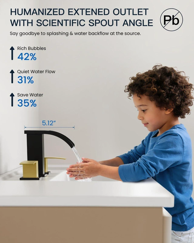 Alt view image 3 of 7 - Waterfall Bathroom Faucet 3 Hole Square Body,Matte Black&Gold SUS304 8 Widespread Bathroom Sink Faucet,2.17 Wide Spout,24 cUPC Hose,Pop Up Drain,2 Handle,Vanity,Lavatory,Basin,RV