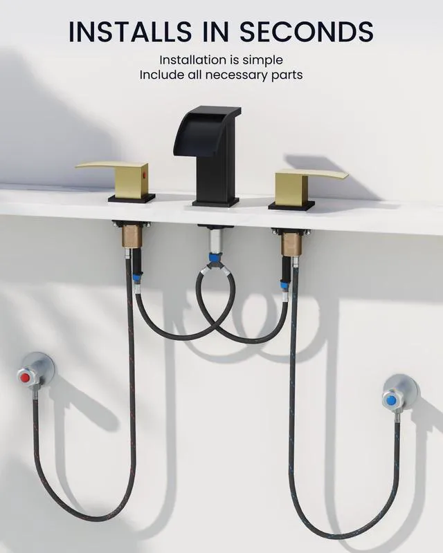 Alt view image 6 of 7 - Waterfall Bathroom Faucet 3 Hole Square Body,Matte Black&Gold SUS304 8 Widespread Bathroom Sink Faucet,2.17 Wide Spout,24 cUPC Hose,Pop Up Drain,2 Handle,Vanity,Lavatory,Basin,RV