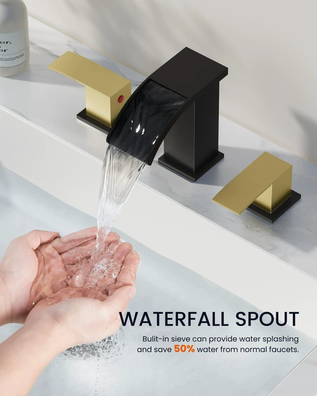 Alt view image 4 of 7 - Waterfall Bathroom Faucet 3 Hole Square Body,Matte Black&Gold SUS304 8 Widespread Bathroom Sink Faucet,2.17 Wide Spout,24 cUPC Hose,Pop Up Drain,2 Handle,Vanity,Lavatory,Basin,RV