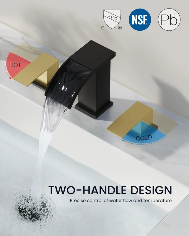 Alt view image 7 of 7 - Waterfall Bathroom Faucet 3 Hole Square Body,Matte Black&Gold SUS304 8 Widespread Bathroom Sink Faucet,2.17 Wide Spout,24 cUPC Hose,Pop Up Drain,2 Handle,Vanity,Lavatory,Basin,RV