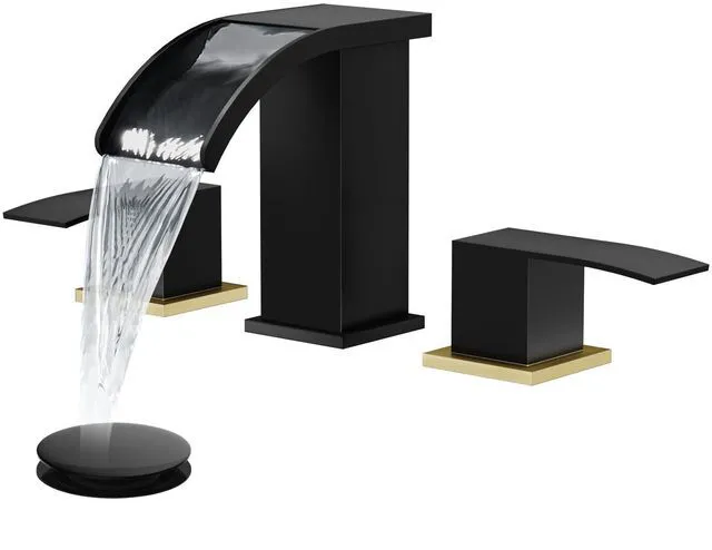 Main image of Waterfall Bathroom Faucet 3 Hole Square Body,Black&Brushed Gold SUS304 8 Widespread Bathroom Sink Faucet,2.17 Wide Spout,24 cUPC Hose,Pop Up Drain,2 Handle,Vanity,Lavatory,Basin,RV