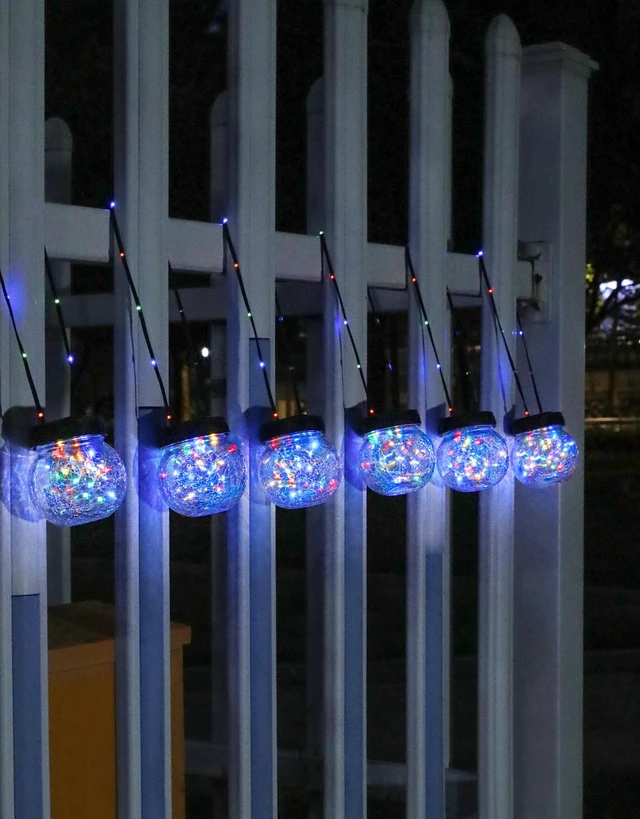 Alt view image 2 of 7 - Solar Lights Outdoor Waterproof 12-Pack, Solar Powered Hanging Lantern Cracked Glass Hanging Globes for Yard Decor Christmas Decoration, Shepherd Hook, Garden Tree Ornaments, RGB