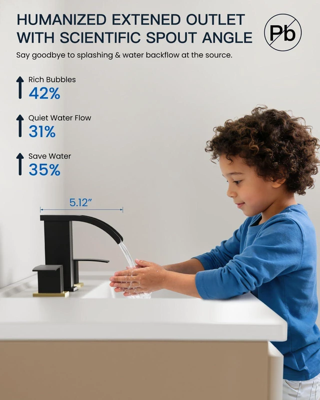 Alt view image 3 of 7 - Waterfall Bathroom Faucet 3 Hole Square Body,Black&Brushed Gold SUS304 8 Widespread Bathroom Sink Faucet,2.17 Wide Spout,24 cUPC Hose,Pop Up Drain,2 Handle,Vanity,Lavatory,Basin,RV