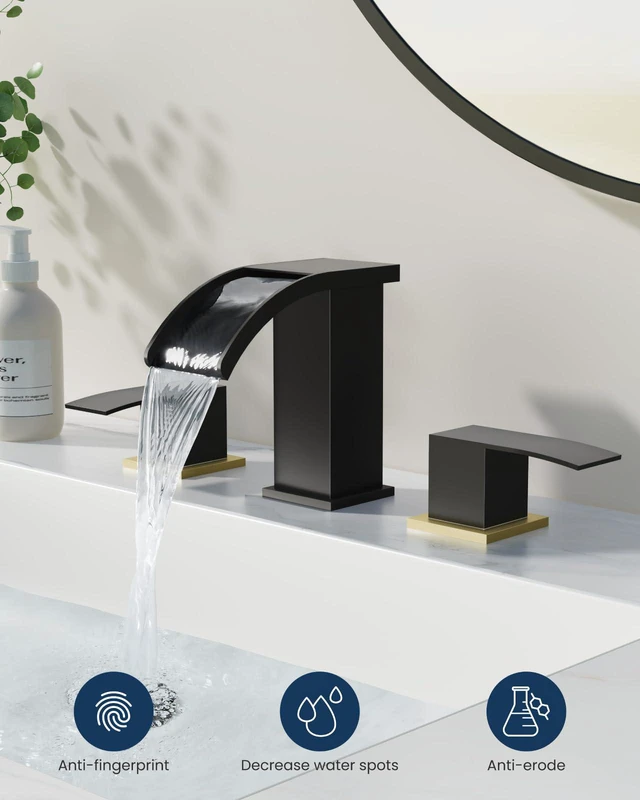 Alt view image 2 of 7 - Waterfall Bathroom Faucet 3 Hole Square Body,Black&Brushed Gold SUS304 8 Widespread Bathroom Sink Faucet,2.17 Wide Spout,24 cUPC Hose,Pop Up Drain,2 Handle,Vanity,Lavatory,Basin,RV