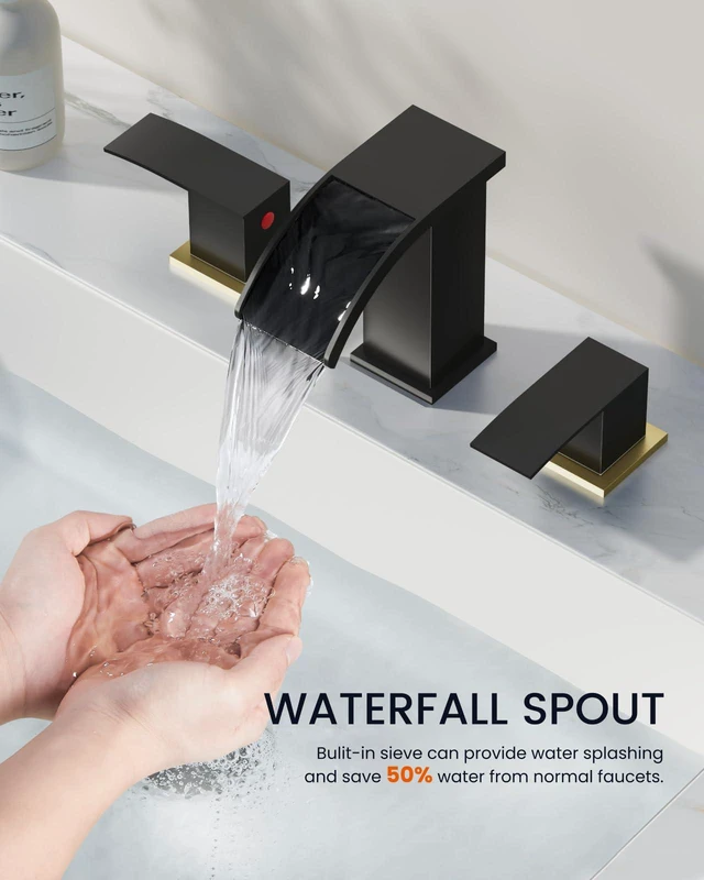 Alt view image 4 of 7 - Waterfall Bathroom Faucet 3 Hole Square Body,Black&Brushed Gold SUS304 8 Widespread Bathroom Sink Faucet,2.17 Wide Spout,24 cUPC Hose,Pop Up Drain,2 Handle,Vanity,Lavatory,Basin,RV