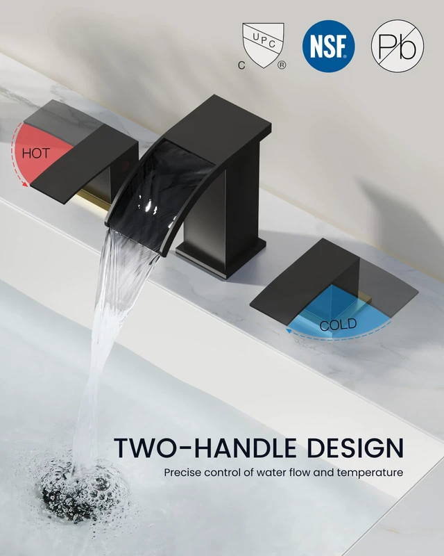 Alt view image 7 of 7 - Waterfall Bathroom Faucet 3 Hole Square Body,Black&Brushed Gold SUS304 8 Widespread Bathroom Sink Faucet,2.17 Wide Spout,24 cUPC Hose,Pop Up Drain,2 Handle,Vanity,Lavatory,Basin,RV