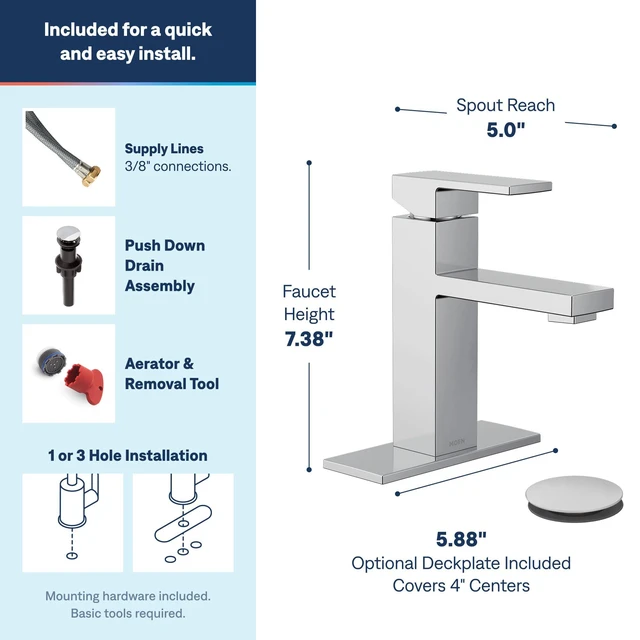 Alt view image 3 of 7 - Revyl Chrome One-Handle Single Hole Modern Bathroom Sink Faucet with Optional Deckplate and Spring Loaded Drain Assembly, 84771