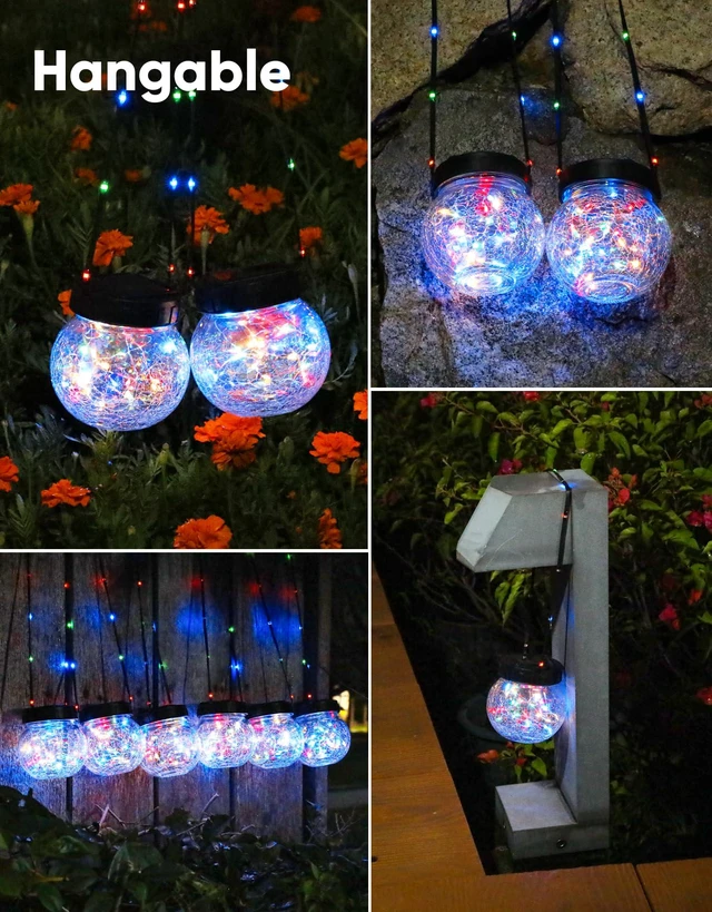 Alt view image 6 of 7 - Solar Lights Outdoor Waterproof 12-Pack, Solar Powered Hanging Lantern Cracked Glass Hanging Globes for Yard Decor Christmas Decoration, Shepherd Hook, Garden Tree Ornaments, RGB