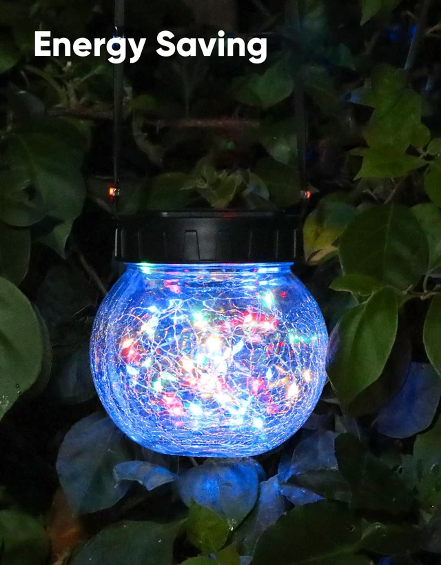 Alt view image 5 of 7 - Solar Lights Outdoor Waterproof 12-Pack, Solar Powered Hanging Lantern Cracked Glass Hanging Globes for Yard Decor Christmas Decoration, Shepherd Hook, Garden Tree Ornaments, RGB