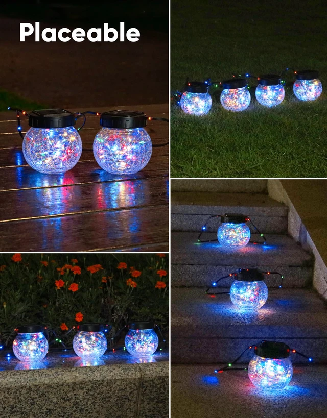 Alt view image 7 of 7 - Solar Lights Outdoor Waterproof 12-Pack, Solar Powered Hanging Lantern Cracked Glass Hanging Globes for Yard Decor Christmas Decoration, Shepherd Hook, Garden Tree Ornaments, RGB
