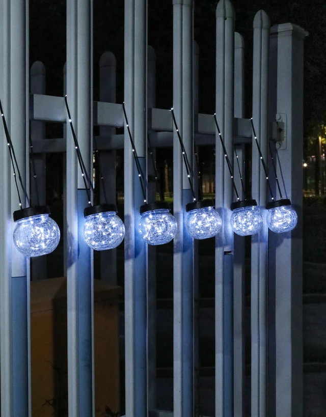 Alt view image 2 of 7 - Solar Lights Outdoor Waterproof 12-Pack, Solar Powered Hanging Lantern Cracked Glass Hanging Globes for Yard Decor Christmas Decoration, Shepherd Hook, Garden Tree Ornaments, Cold White