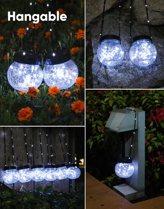 Alt view image 7 of 7 - Solar Lights Outdoor Waterproof 12-Pack, Solar Powered Hanging Lantern Cracked Glass Hanging Globes for Yard Decor Christmas Decoration, Shepherd Hook, Garden Tree Ornaments, Cold White