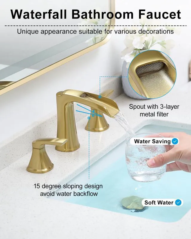 Alt view image 2 of 7 - Waterfall 8 Inch Bathroom Faucet 3 Hole, Polished Brushed Gold Widespread Two-handle Bathroom Sink Faucet, Lead-free Brass Faucet for Bathroom Sink with Pop-up Drain