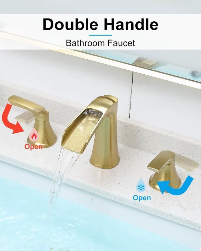Alt view image 3 of 7 - Waterfall 8 Inch Bathroom Faucet 3 Hole, Polished Brushed Gold Widespread Two-handle Bathroom Sink Faucet, Lead-free Brass Faucet for Bathroom Sink with Pop-up Drain