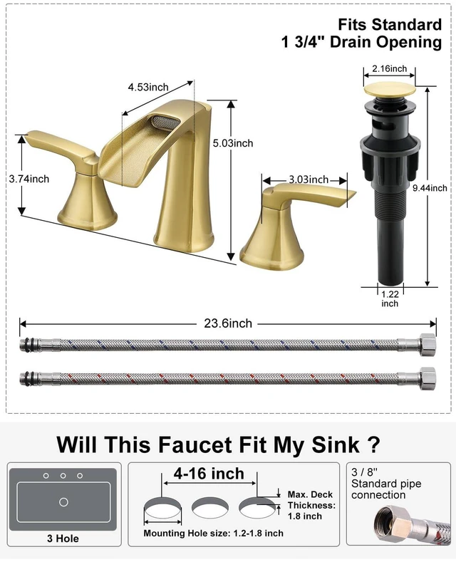 Alt view image 5 of 7 - Waterfall 8 Inch Bathroom Faucet 3 Hole, Polished Brushed Gold Widespread Two-handle Bathroom Sink Faucet, Lead-free Brass Faucet for Bathroom Sink with Pop-up Drain