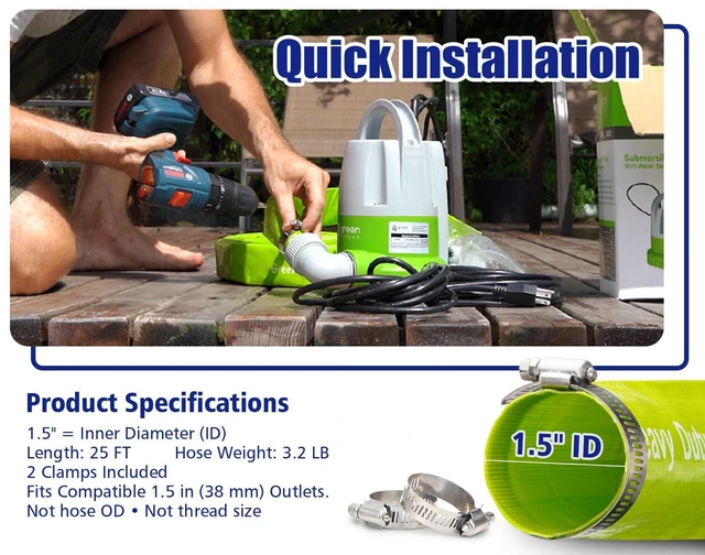Alt view image 3 of 7 - Green Expert 1/3HP Submersible Sump Pump Kit with 25FT Lay-Flat Discharge Hose, Pump with Hose, Water Sensor Automatic/Manual Low Water Drain Pump for Basement Pool Cover Hot Tub