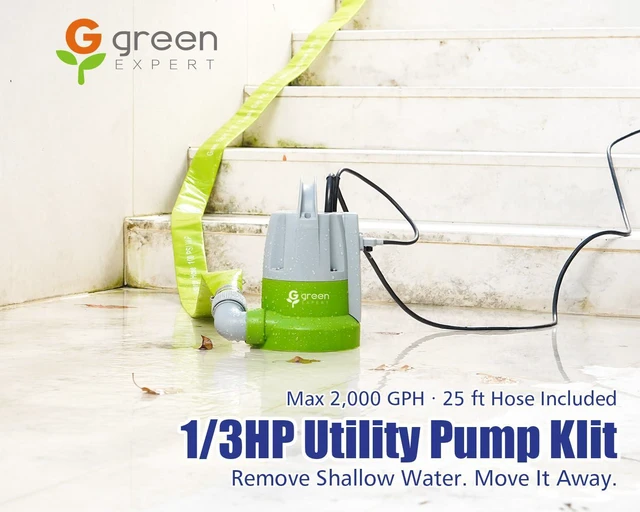 Alt view image 2 of 7 - Green Expert 1/3HP Submersible Sump Pump Kit with 25FT Lay-Flat Discharge Hose, Pump with Hose, Water Sensor Automatic/Manual Low Water Drain Pump for Basement Pool Cover Hot Tub