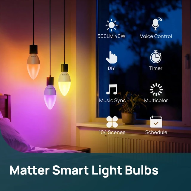 Alt view image 3 of 7 - Matter E12 Led Bulb, Candelabra Color Smart Light Bulbs, 6 Pack Works with Alexa/Apple Home/Google Home, Chandelier Light Bulbs, Music Sync, 104 Preset Scenes, 2.4GHz WiFi B11 Bulb 500LM