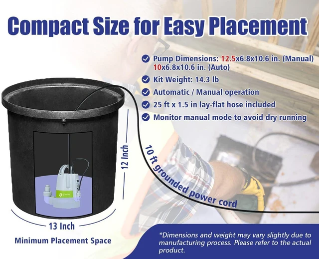 Alt view image 5 of 7 - Green Expert 1/3HP Submersible Sump Pump Kit with 25FT Lay-Flat Discharge Hose, Pump with Hose, Water Sensor Automatic/Manual Low Water Drain Pump for Basement Pool Cover Hot Tub