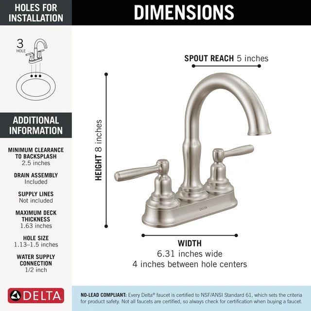 Alt view image 5 of 7 - Roe Centerset Brushed Nickel Bathroom Faucet, 4 Inch 3 Hole Bathroom Sink Faucet for Vanity, Push-Pop Drain Assembly, Stainless 25985LF-SS