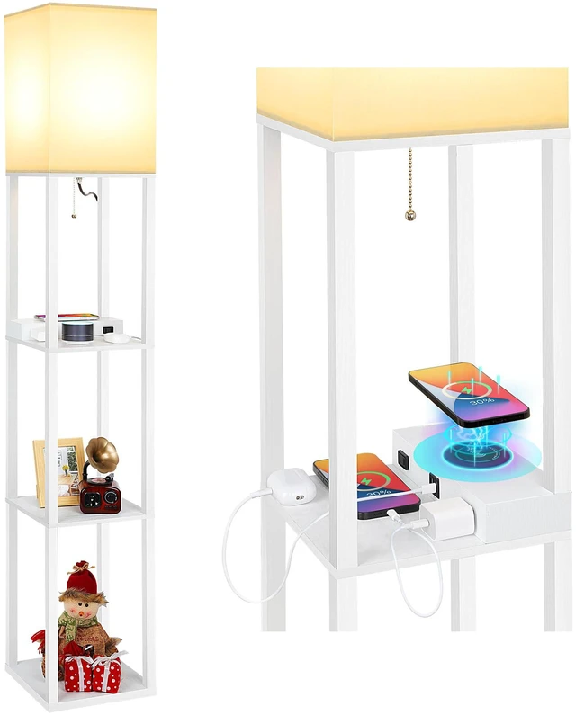 Main image of Shelf Floor Lamp with Wireless Charger, USB, Type C, AC Port,White Fast Charging USB Ports & Type C Port & 2 Power Outlets, 3 Tier Storage Shelf Lamp, E26 Base, 60W Max(Bulb Not Included)