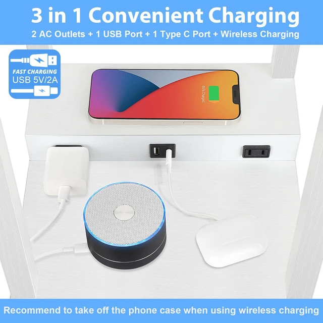 Alt view image 2 of 7 - Shelf Floor Lamp with Wireless Charger, USB, Type C, AC Port,White Fast Charging USB Ports & Type C Port & 2 Power Outlets, 3 Tier Storage Shelf Lamp, E26 Base, 60W Max(Bulb Not Included)