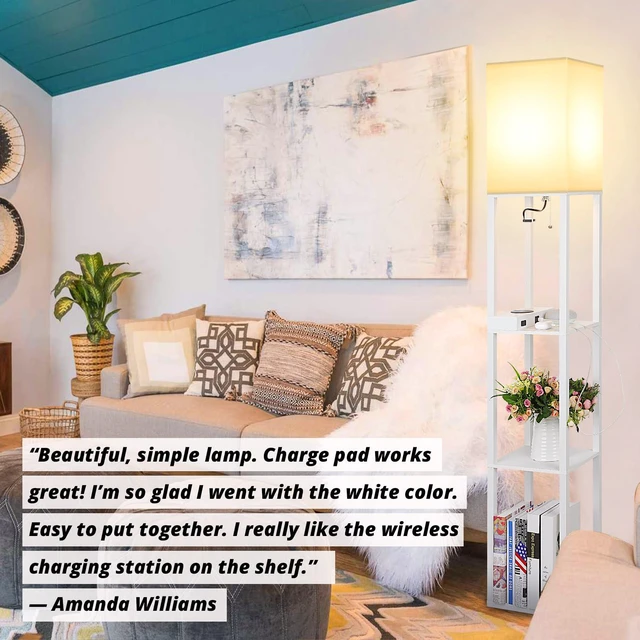 Alt view image 6 of 7 - Shelf Floor Lamp with Wireless Charger, USB, Type C, AC Port,White Fast Charging USB Ports & Type C Port & 2 Power Outlets, 3 Tier Storage Shelf Lamp, E26 Base, 60W Max(Bulb Not Included)