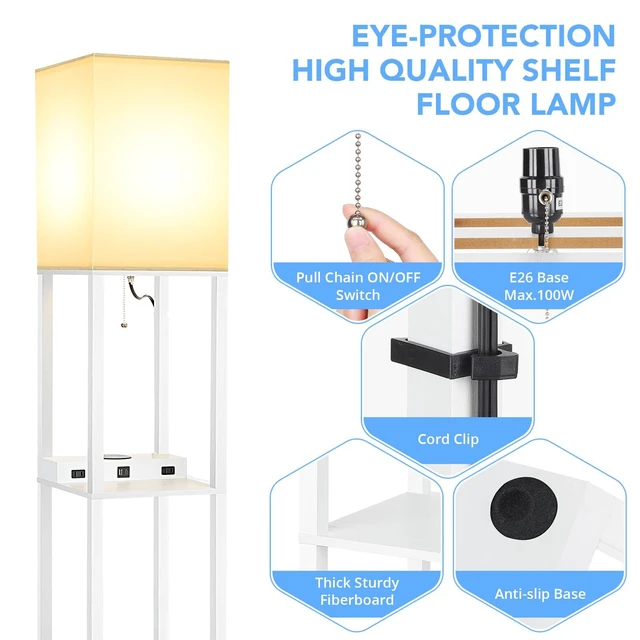 Alt view image 7 of 7 - Shelf Floor Lamp with Wireless Charger, USB, Type C, AC Port,White Fast Charging USB Ports & Type C Port & 2 Power Outlets, 3 Tier Storage Shelf Lamp, E26 Base, 60W Max(Bulb Not Included)