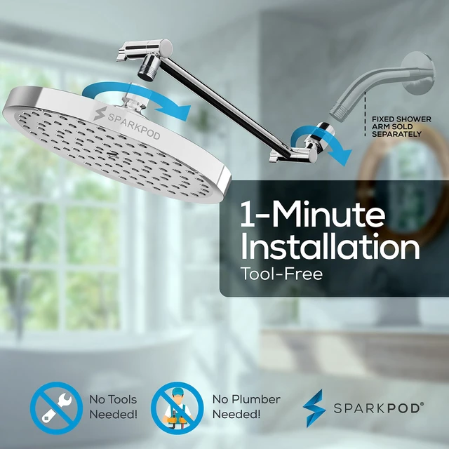 Alt view image 6 of 7 - 8" Round Rain Shower Head with 11" Shower Arm Shower Head & Extension Arm Combo, Height Adjustable, High Pressure Performance, Easy 1-Minute Installation,Polished Chrome