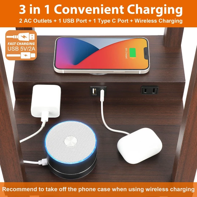Alt view image 3 of 7 - Shelf Floor Lamp with Wireless Charger, USB, Type C, AC Port,Brown Fast Charging USB Ports & Type C Port & 2 Power Outlets, 3 Tier Storage Shelf Lamp, E26 Base, 60W Max(Bulb Not Included)
