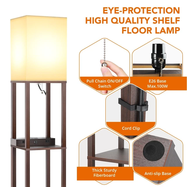 Alt view image 6 of 7 - Shelf Floor Lamp with Wireless Charger, USB, Type C, AC Port,Brown Fast Charging USB Ports & Type C Port & 2 Power Outlets, 3 Tier Storage Shelf Lamp, E26 Base, 60W Max(Bulb Not Included)