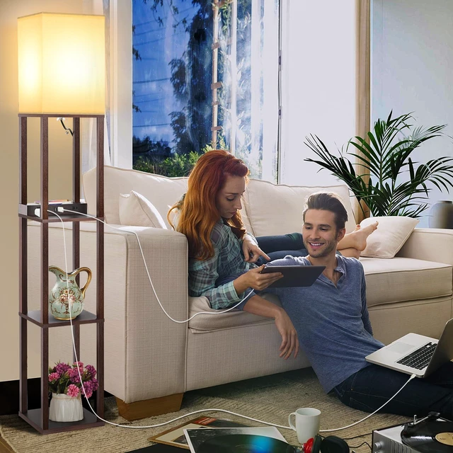 Alt view image 7 of 7 - Shelf Floor Lamp with Wireless Charger, USB, Type C, AC Port,Brown Fast Charging USB Ports & Type C Port & 2 Power Outlets, 3 Tier Storage Shelf Lamp, E26 Base, 60W Max(Bulb Not Included)