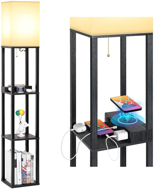 Main image of Shelf Floor Lamp with Wireless Charger, USB, Type C, AC Port,Black Fast Charging USB Ports & Type C Port & 2 Power Outlets, 3 Tier Storage Shelf Lamp, E26 Base, 60W Max(Bulb Not Included)