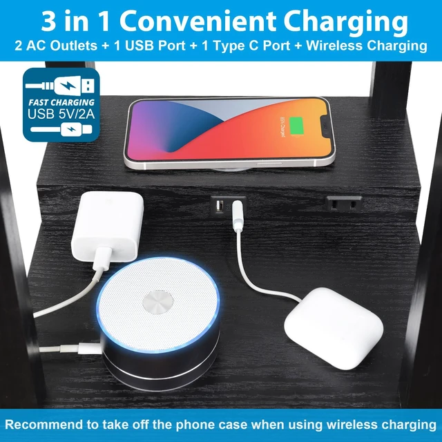 Alt view image 2 of 7 - Shelf Floor Lamp with Wireless Charger, USB, Type C, AC Port,Black Fast Charging USB Ports & Type C Port & 2 Power Outlets, 3 Tier Storage Shelf Lamp, E26 Base, 60W Max(Bulb Not Included)