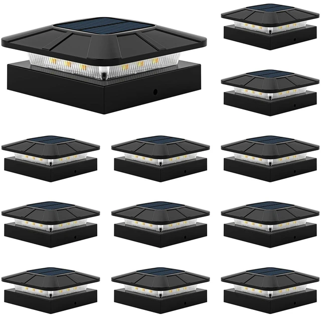 Main image of 4x4 Solar Fence Post Cap Lights Outdoor Waterproof, 12 Pack, Black IP65,Solar Powered Deck Post Lights with 3 Color Modes Auto On/Off, Garden, Patio, Backyard, Porch, Sidewalk