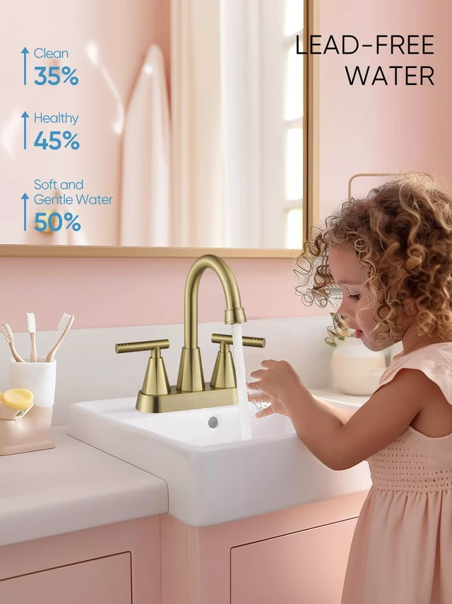 Alt view image 3 of 7 - Brushed Gold Bathroom Faucets, Centerset Bathroom Sink Faucet, 2 Pack 4 Inch with Pop Up Drain and Supply Hoses, 2 Handle Stainless Steel Faucet for Vanity, RV, Farmhouse, 2 or 3 Hole