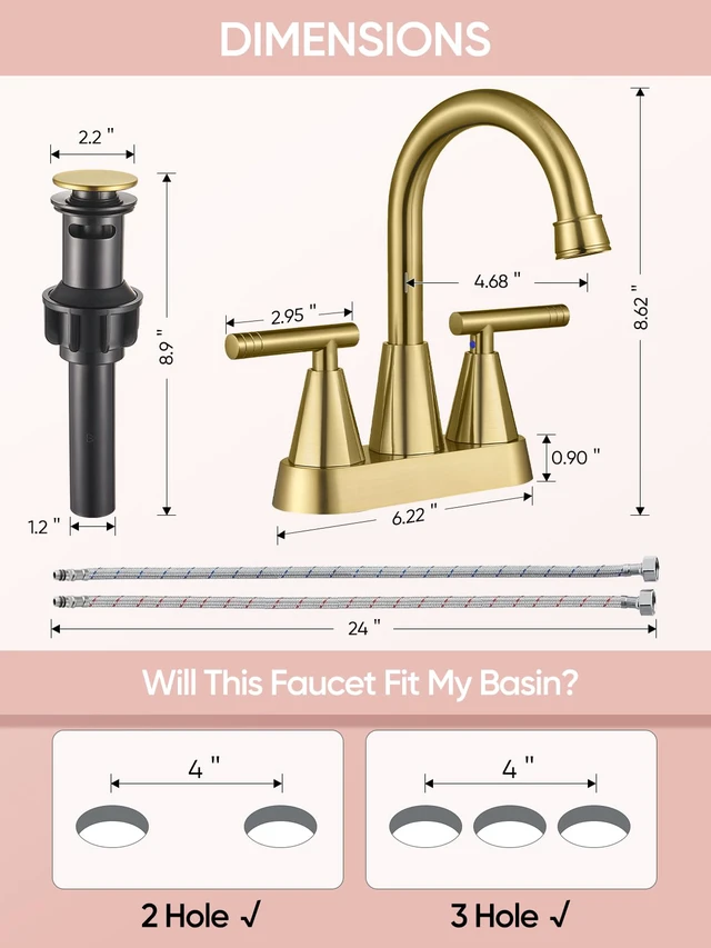 Alt view image 6 of 7 - Brushed Gold Bathroom Faucets, Centerset Bathroom Sink Faucet, 2 Pack 4 Inch with Pop Up Drain and Supply Hoses, 2 Handle Stainless Steel Faucet for Vanity, RV, Farmhouse, 2 or 3 Hole