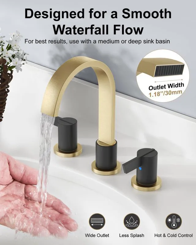 Alt view image 2 of 7 - Gold and Black 3 Hole Bathroom Faucet,8" Widespread Vanity Faucet 2 Handle Waterfall Bathroom Sink Faucet with Pop-Up Drain,Supply Lines,360° Swivel Spout,Lead-Free Stainless Steel,Deck Mount