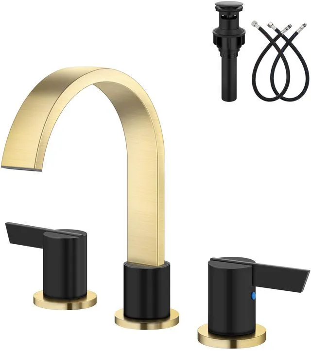 Main image of Gold and Black 3 Hole Bathroom Faucet,8" Widespread Vanity Faucet 2 Handle Waterfall Bathroom Sink Faucet with Pop-Up Drain,Supply Lines,360° Swivel Spout,Lead-Free Stainless Steel,Deck Mount